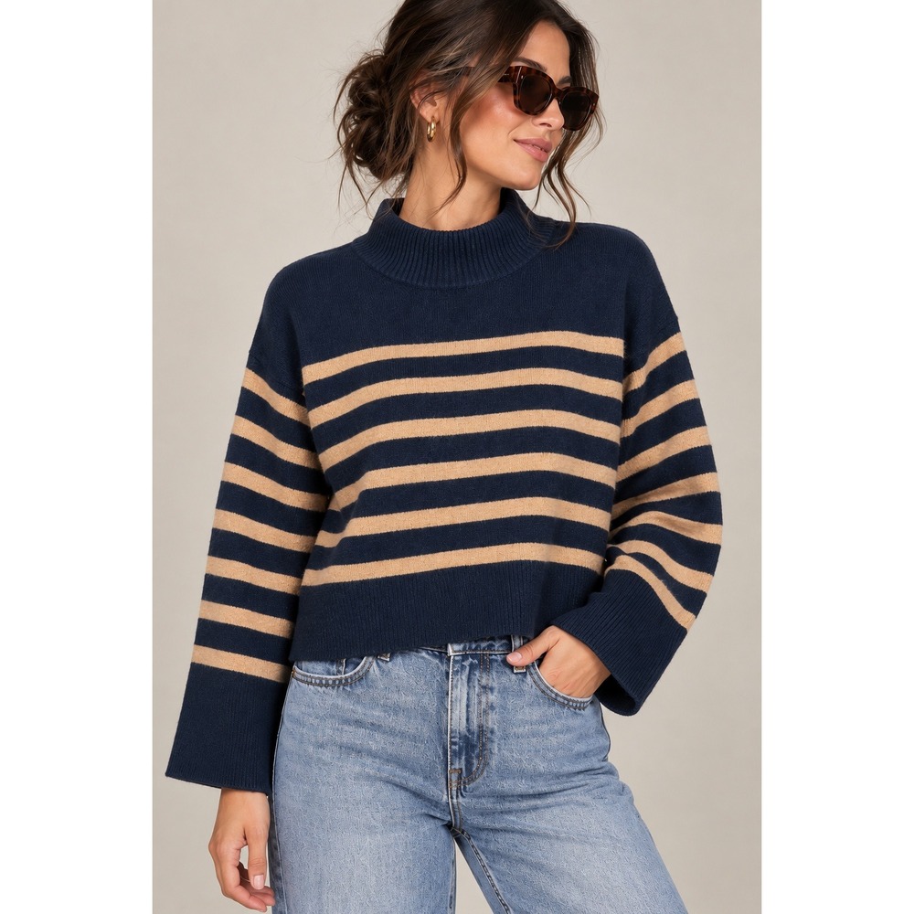 J.Crew Navy Camel Stripe Supersoft Yarn Merino Alpaca Sweater XL Preppy Coastal